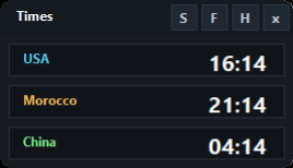 Compact Windows world time widget showing USA Eastern, USA PST, Morocco, and China times